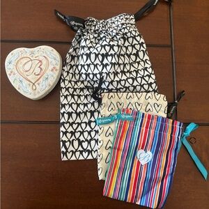 Lot of 4 Brighton items: Heart Patterned striped Drawstring Bags and tin